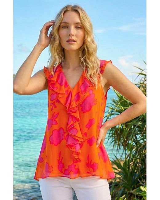 Roman Orange Tropical Print Ruffle Vest Top