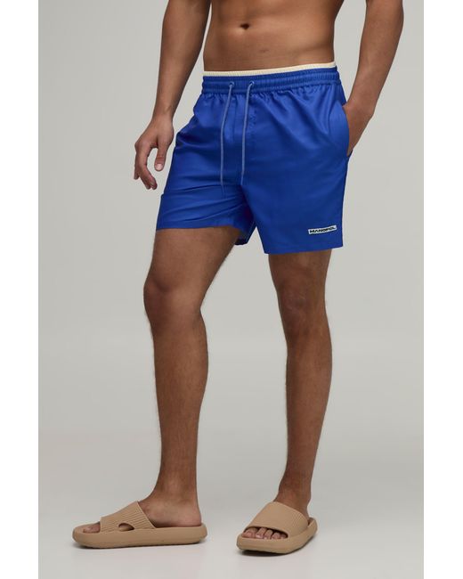 BoohooMAN Blue Contrast Double Waistband Mid Length Swim Short for men