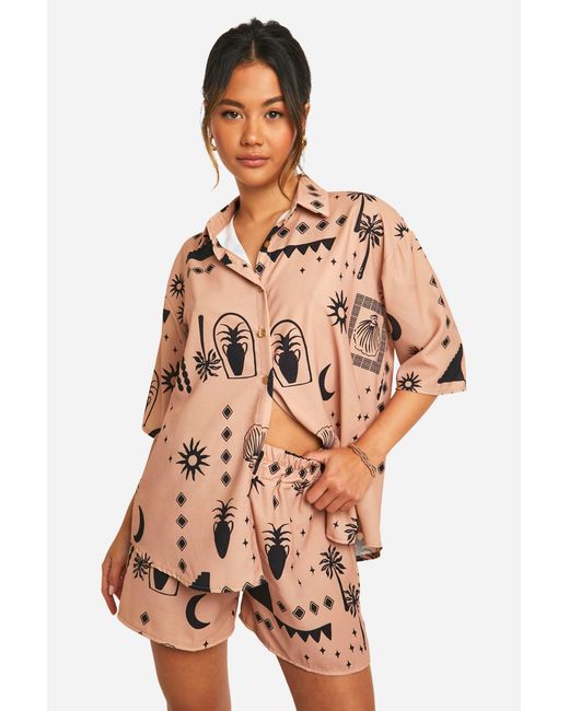 Boohoo Multicolor Hammered Tonal Boho Print Oversized Shirt & Shorts Set
