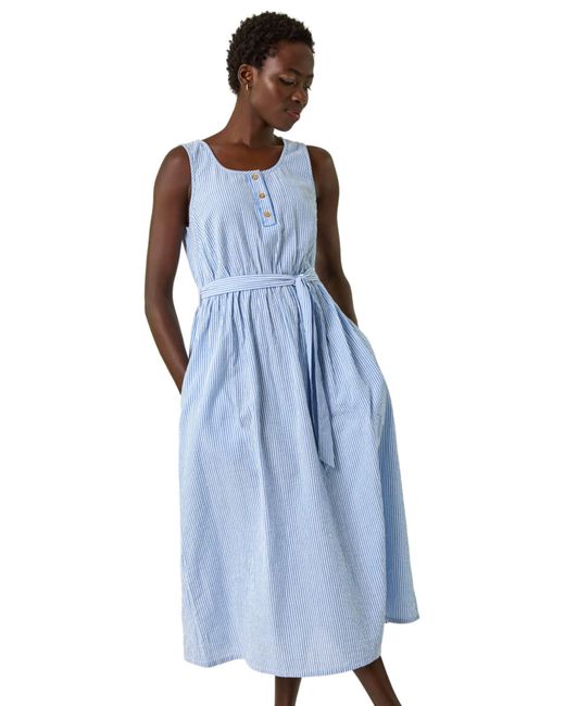 Roman Blue Pinstripe Belted Midi Dress
