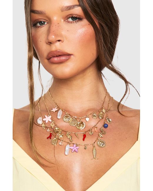 Boohoo Natural Statement 3 Pack Layered Charm Necklace
