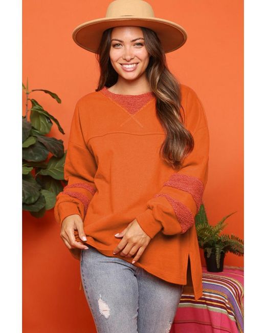 Azura Exchange Orange Carrot Fleece Patchwork Side Slits High Low Sweatshirt
