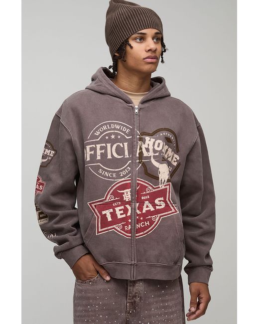 BoohooMAN Gray Washed Oversized Zip Through Texas Ranch Printed Badge Hoodie Cotton for men