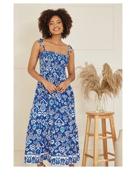 Yumi' Blue Ikat Print Midi Sun Dress Cotton