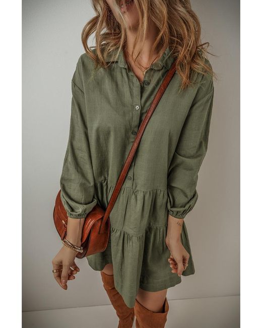 Azura Exchange Jungle Green Puff Sleeve Buttoned Tiered Pleated Shirt Mini Jurk