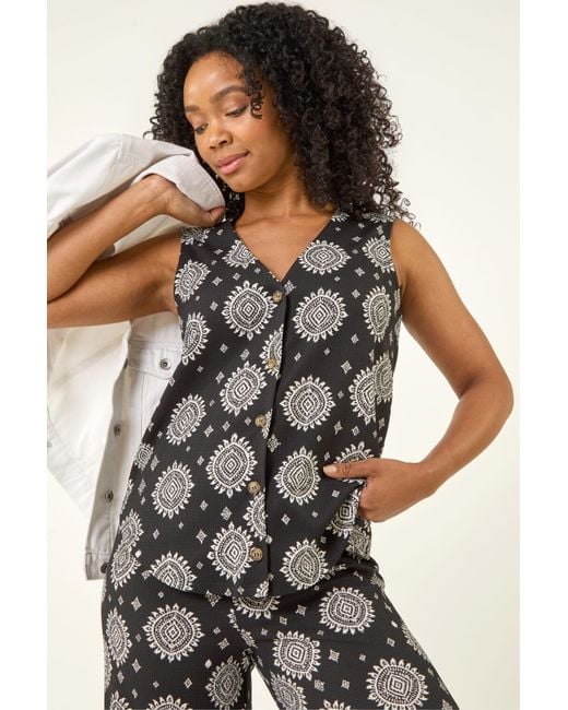 Roman Gray Petite Abstract Print Button Blouse