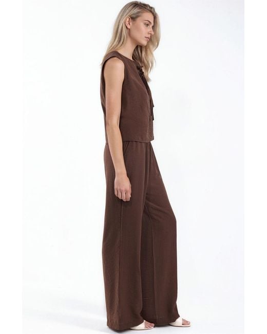 Hiccup Brown Viscose Blend Blouse With Tie Detail & Elastic Waist Pants Set