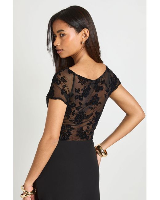 Boohoo Black Floral Flocked Mesh Twist Front Short Sleeve Bodysuit