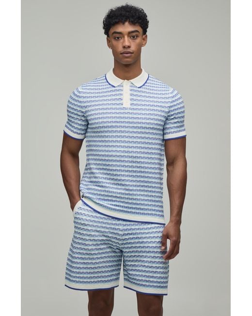 BoohooMAN Blue Regular Open Stitch Striped Knitted Polo And Short Set for men
