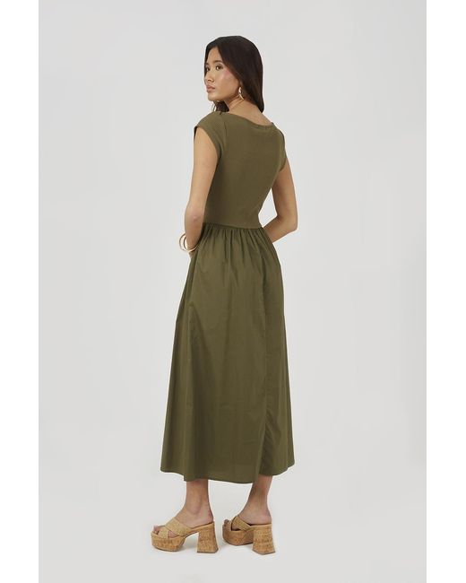 Brave Soul Green Boat Neck Jersey And Poplin Mix Midi Dress