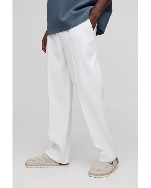 BoohooMAN White Elasticated Relaxed Fit Pleated Pintuck Trousers for men