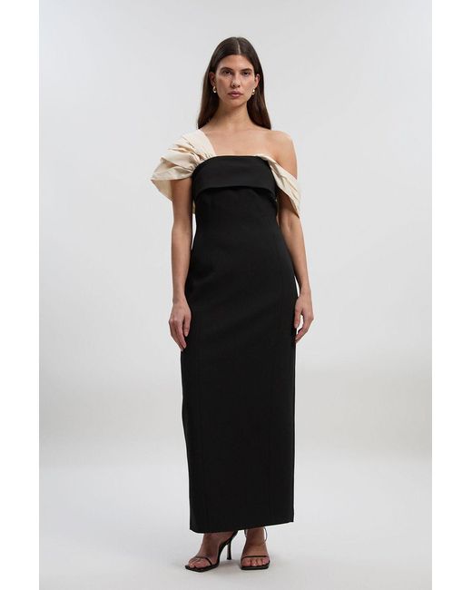 Karen Millen Black Clean Tailored Taffeta Mix Contrast Drama Sleeve Maxi Dress