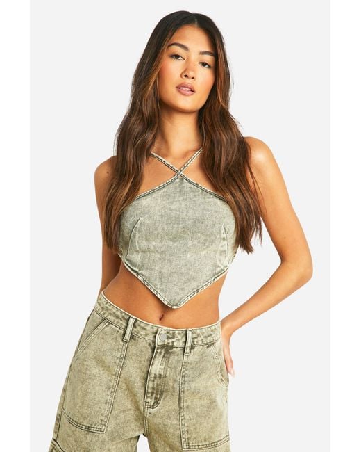 Boohoo Green Handkerchief Hem Denim Crop Top