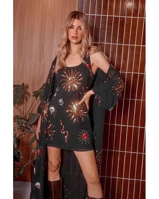 Warehouse Brown Hcd Hand Embellished Cactus Sequin Scoop Neck Mini Dress