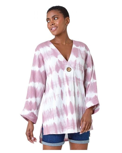 Roman Red Cotton Tie Dye Button Detail V-Neck Top
