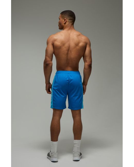 BoohooMAN Blue Active Colour Block Zip Pocket 7Inch Gym Shorts for men
