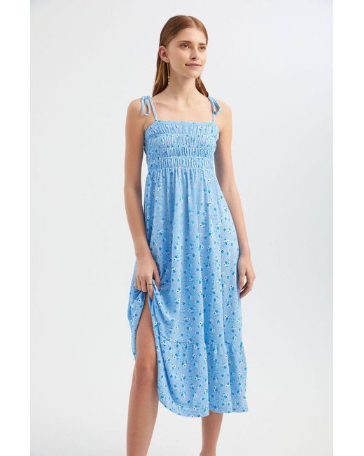 Hiccup Blue Floral Square Neck Smocked Tiered Midi Dress With A Tie Strap