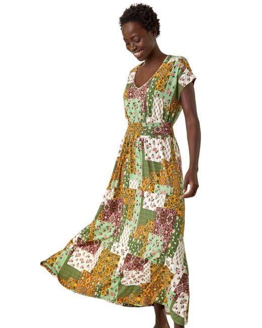 Roman Green Stretch Patchwork Shirred Maxi Dress