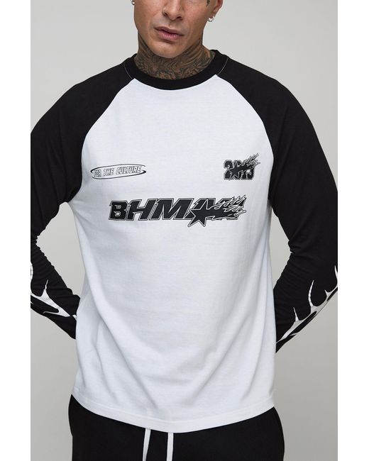 BoohooMAN Black Tall Regular Fit Moto Graphic Long Sleeve Raglan T-Shirt for men