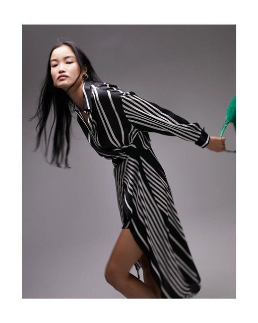 TOPSHOP Gray Placement Stripe Midi Shirt Dress