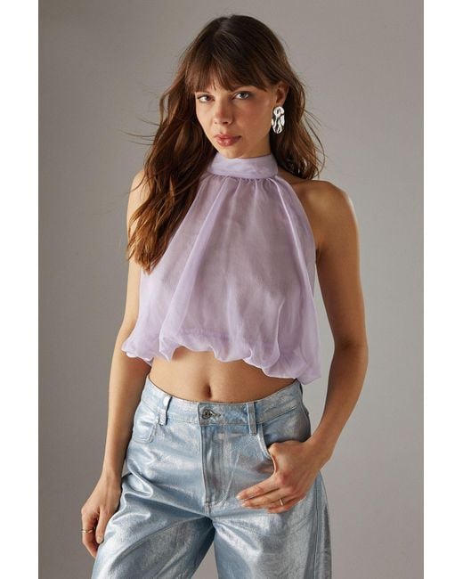Warehouse Purple Chiffon Halter Bubble Crop Top