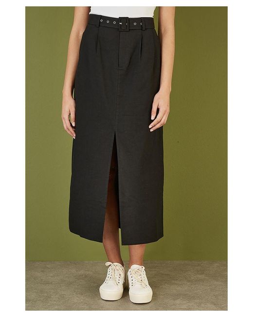 Yumi' Green Cotton Midi Skirt With Belt And Split Hem