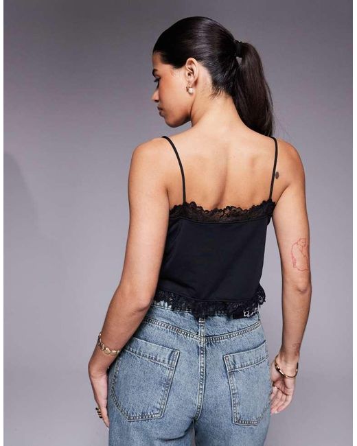 ASOS Gray Slinky Lace Trim Tie Front Top