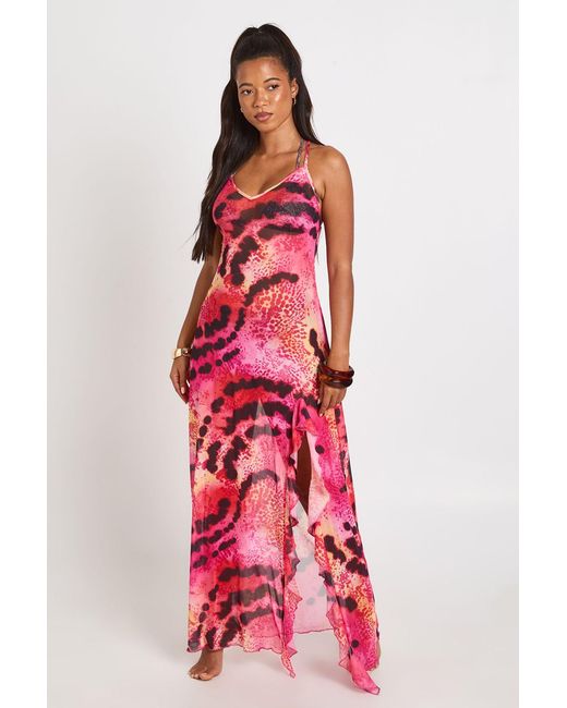 Boohoo Red Floral Print Ruffle Detail Mesh Maxi Beach Dress