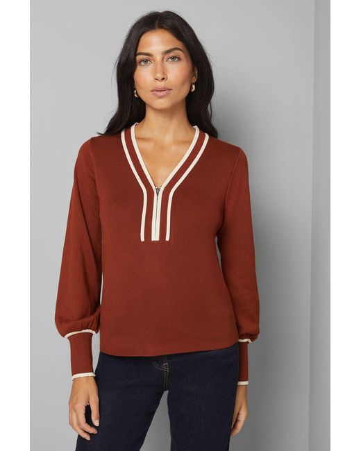 Wallis Red Zip Front Tipped Knitted Top