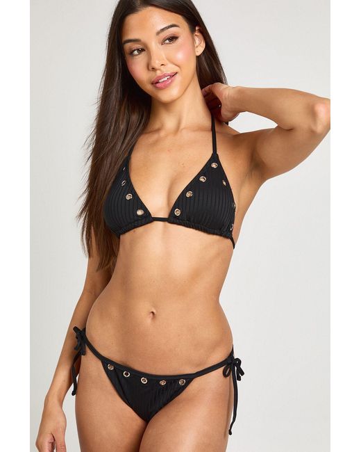 Boohoo Black Textured Eyelet Detail Triangle Bikini Top & Tie Side Bottom Set