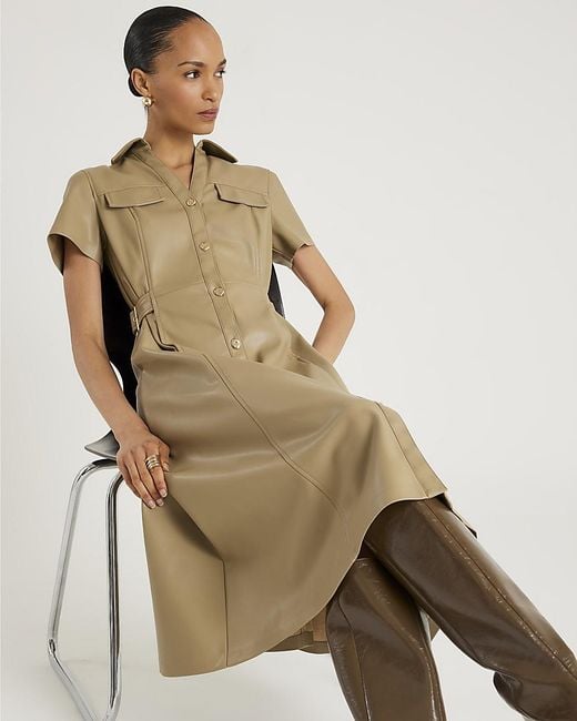 River Island Natural Midi Shirt Dress Faux Leather