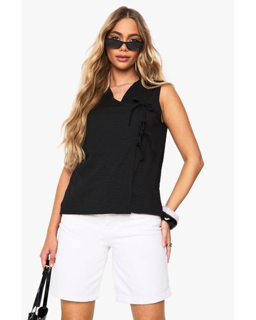 Boohoo Black Textured Tie Front Sleeveless Top