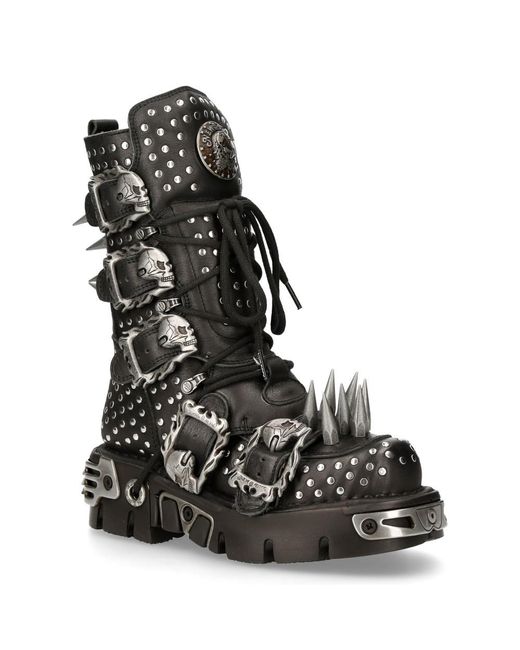 New Rock Black Leather Studded Gothic Boots-1535-S1