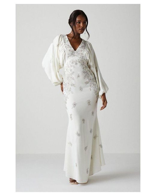 Coast White Premium V Neck Blouson Sleeve Embellished Wedding Dress