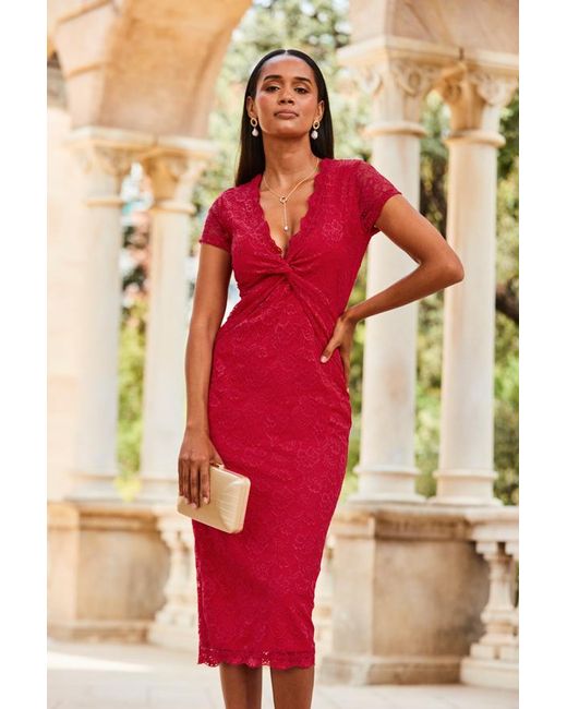 Sosandar Pink Raspberry Short Sleeve Lace Jersey Dress