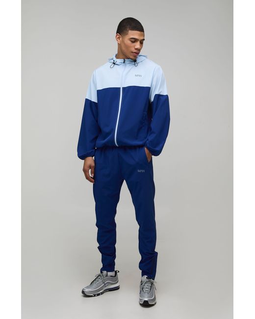 BoohooMAN Blue Regular Fit Active Colour Block Windbreaker Tracksuit for men