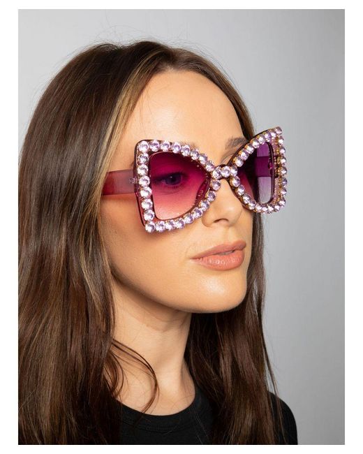 SVNX Purple Oversized Triangular Crystal Gem Sunglasses