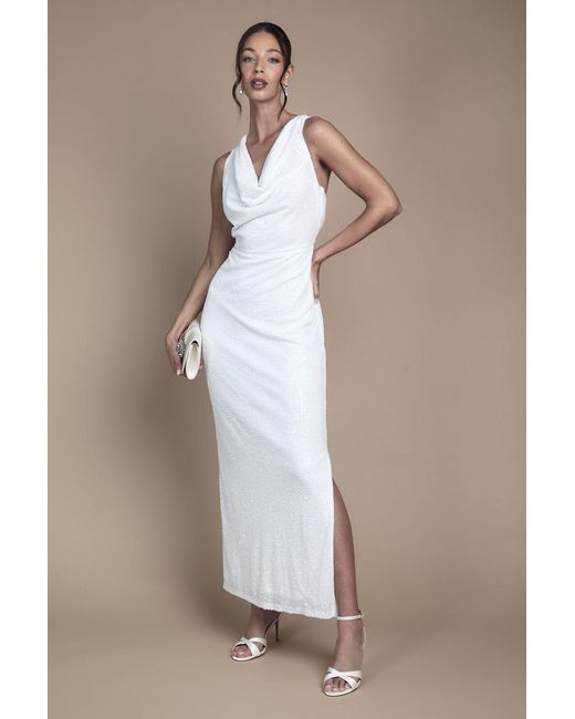 Oasis Natural Sequin Cowl Neck Maxi Wedding Dress