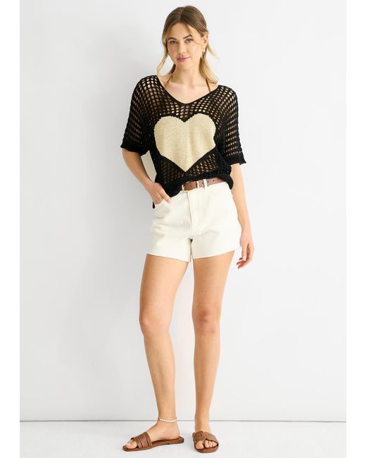 Gini London Black Fish Net Heart Pattern Crochet Top