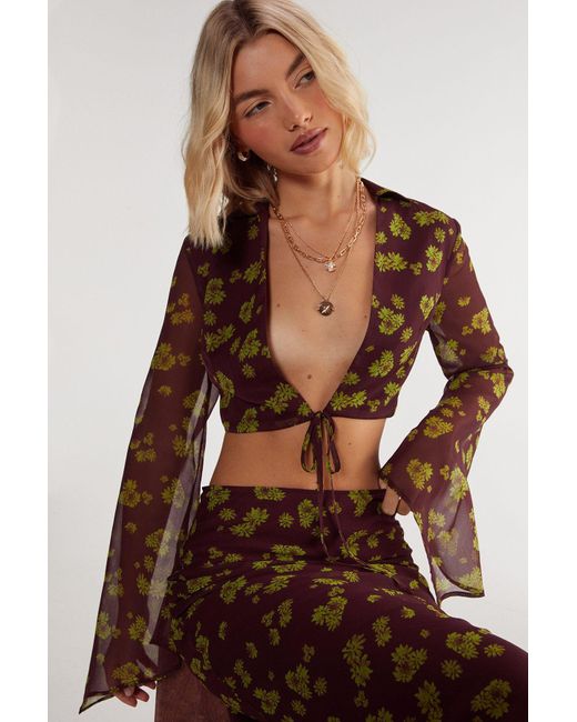 Nasty Gal Brown Ditsy Crinkle Chiffon Tie Front Fluted Sleeve Crop Top