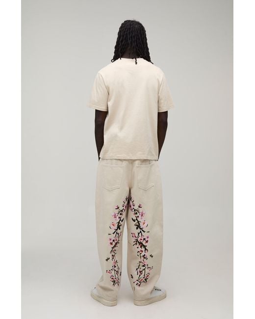 BoohooMAN Natural Floral Embroidered Balloon Fit Jeans for men