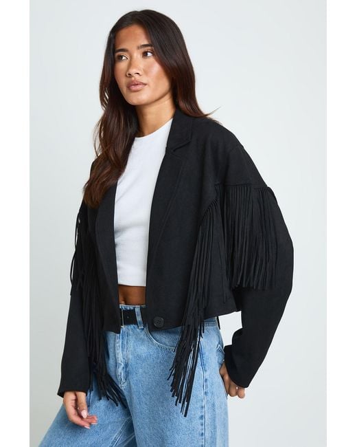 Boohoo Blue Fringe Detail Faux Suede Jacket