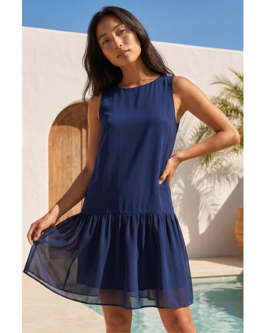 Roman Blue Petite Print Drop Waist Tier Hem Dress