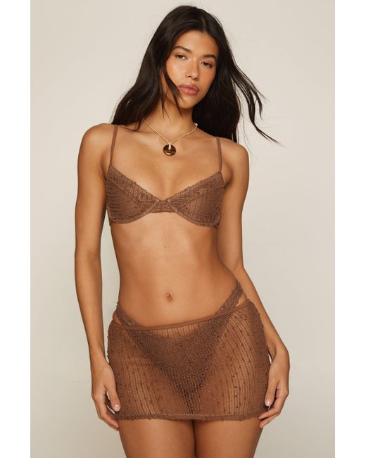Nasty Gal Brown Pom Pom Crochet Underwire Bikini And Sarong 3 Pc Set