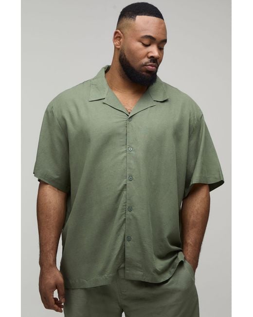 BoohooMAN Green Plus Oversized Short Sleeve Linen Blend Shirt for men