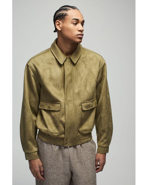 BoohooMAN Green Boxy Faux Suede Utility Pocket Harrington Jacket for men