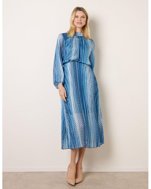 Blue Vanilla Blue Zig Zag Metallic High Neck Puffball Pleated Dress