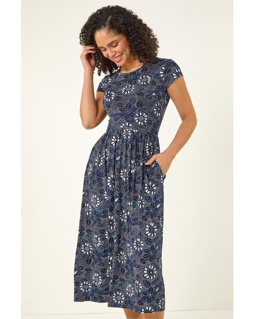 Roman Blue Floral Print Pocket Stretch Midi Dress