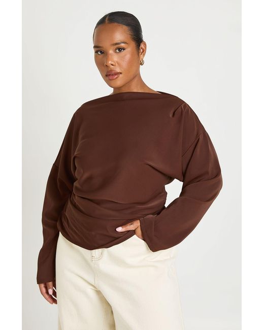 Boohoo Brown Plus Ruched Long Sleeve Blouse