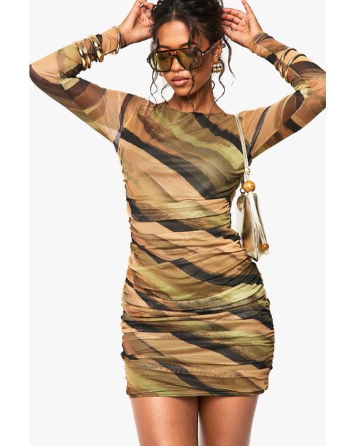 Boohoo Metallic Abstract Mesh Ruched Mini Dress